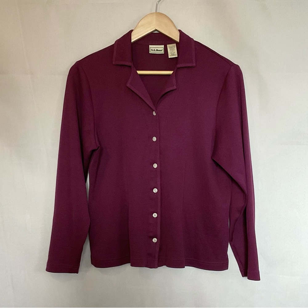 Vintage 90s L.L. Bean Fine Knit Cotton Jersey Button Down Top Plum Medium M